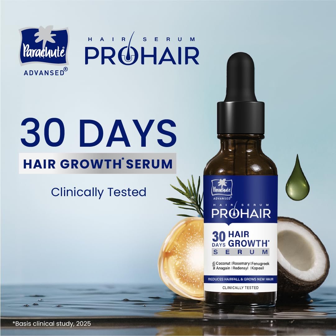 Paradué ProHair hair growth serum bottle with coconut and dropper on a light blue background