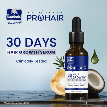 Paradué ProHair hair growth serum bottle with coconut and dropper on a light blue background