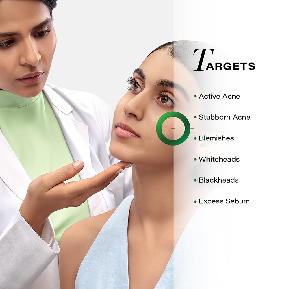 Doctor examining a patient's face with a list of skin conditions targeted by a product on the right.