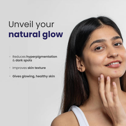 Woman touching her face with text about skin improvement on a light gray background