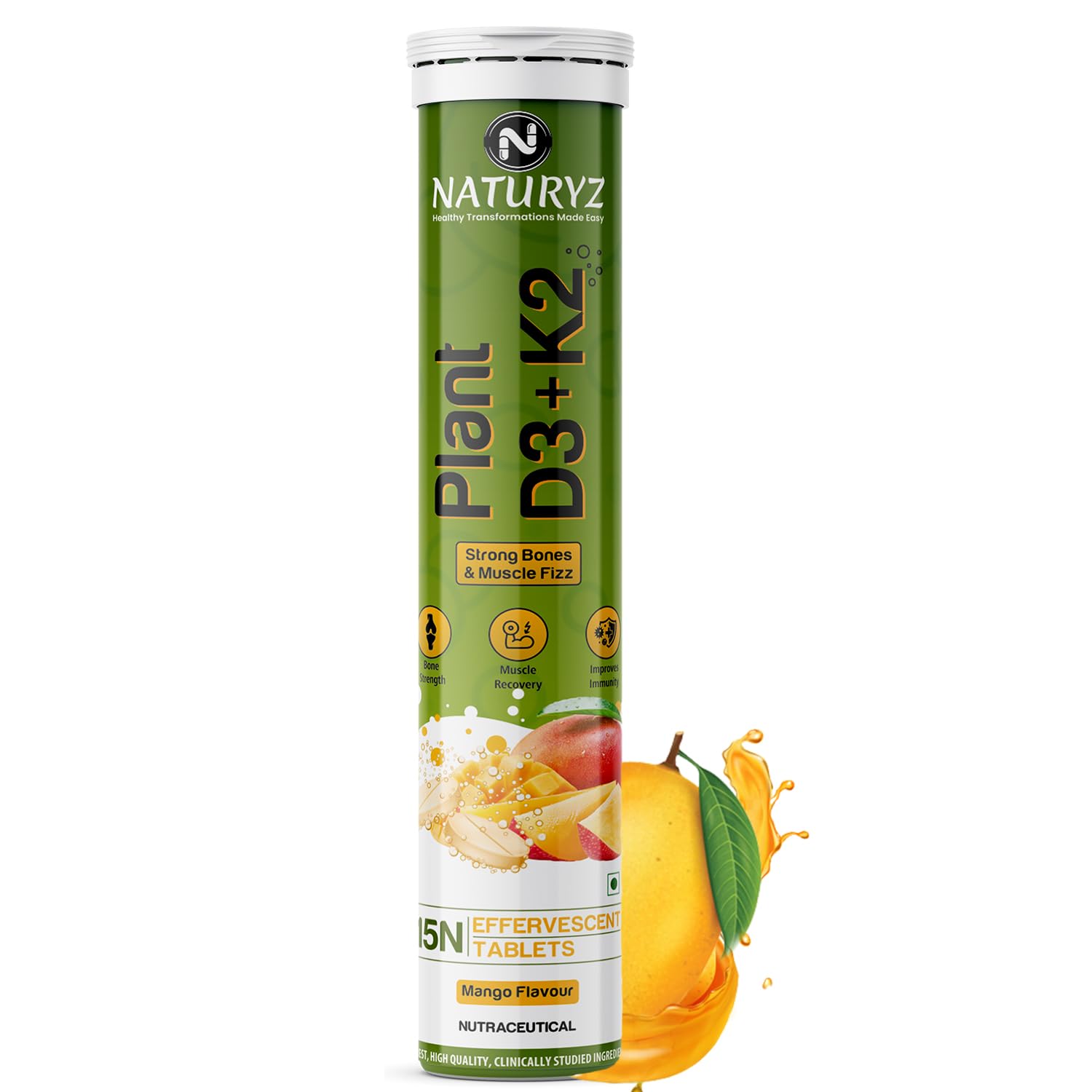 Naturyz Plant D3+K2 supplement tube with mango flavor on a white background