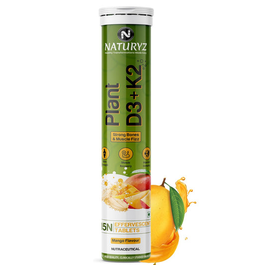Naturyz Plant D3+K2 supplement tube with mango flavor on a white background
