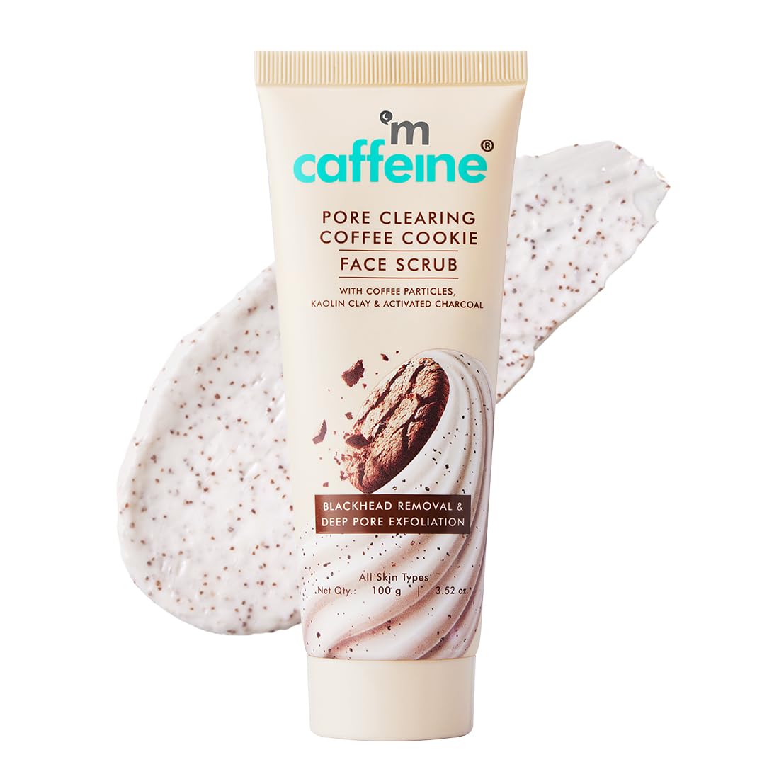 Tube of M Caffeine Pore Clearing Coffee Cookie Face Scrub with a scrub mitt on a white background