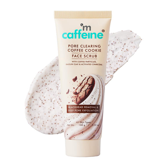 Tube of M Caffeine Pore Clearing Coffee Cookie Face Scrub with a scrub mitt on a white background