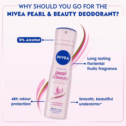 NIVEA Pearl & Beauty Deodorant Spray for Women, 72H Odour & Sweat Protection Underarm Deo, Smooth & Even Underarms, All Day Freshness, Body Odour Protection, Daily Use Body Spray & Deodorant, 150 ml