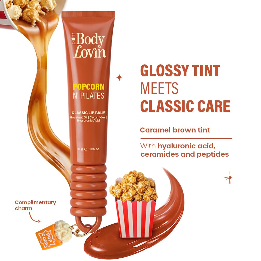 Plum BodyLovin’ Popcorn N' Pilates Glassic Lip Balm | Caramel Brown Gloss Tint | Hydrating Lip Balm with Hazelnut Oil, Ceramides & Hyaluronic Acid | Moisturizes Dry & Chapped Lips | 10 g