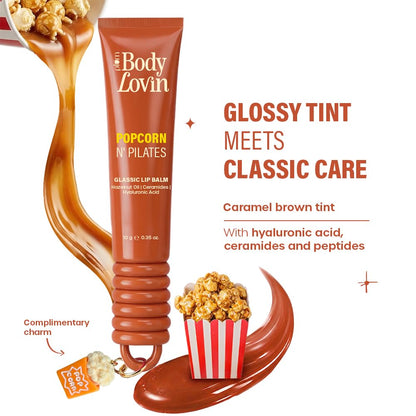 Plum BodyLovin’ Popcorn N' Pilates Glassic Lip Balm | Caramel Brown Gloss Tint | Hydrating Lip Balm with Hazelnut Oil, Ceramides & Hyaluronic Acid | Moisturizes Dry & Chapped Lips | 10 g