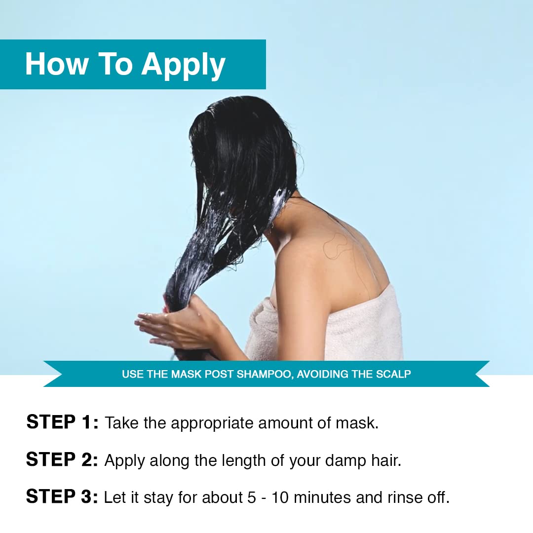 Person applying hair mask with text instructions on a blue background