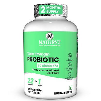 Naturyz probiotic supplement bottle with green label on a white background