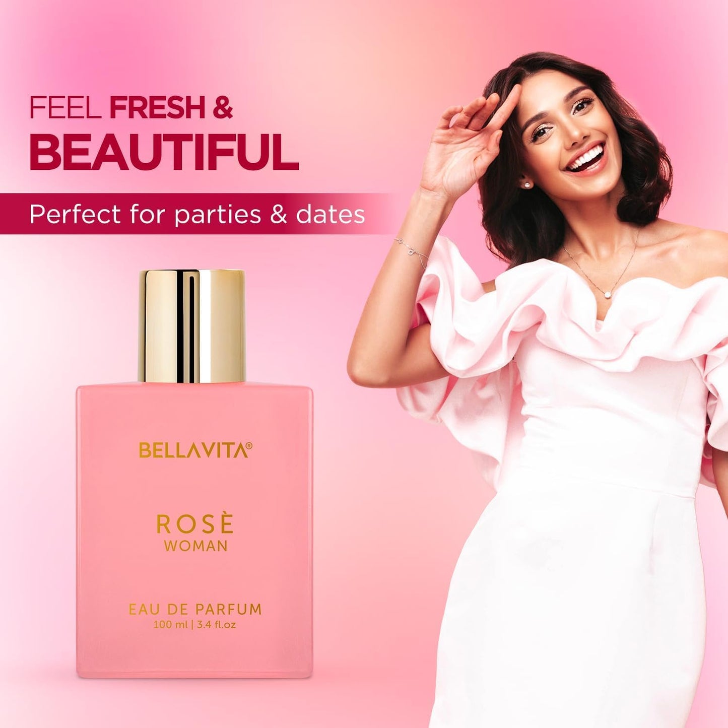 Bellavita Rose Woman perfume bottle with a woman in a white dress on a pink background