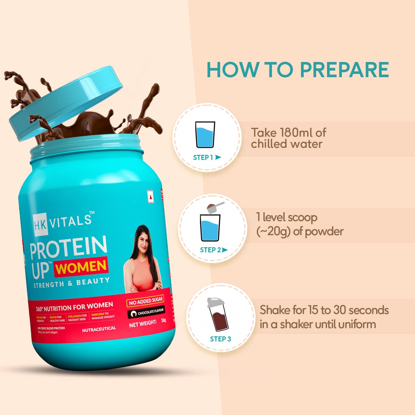 HealthKart HK Vitals ProteinUp Women with Soy (Chocolate, 1kg / 2.2lbs) | Whey Protein, Collagen, Vitamin C, E & Biotin | For Strength & Beauty