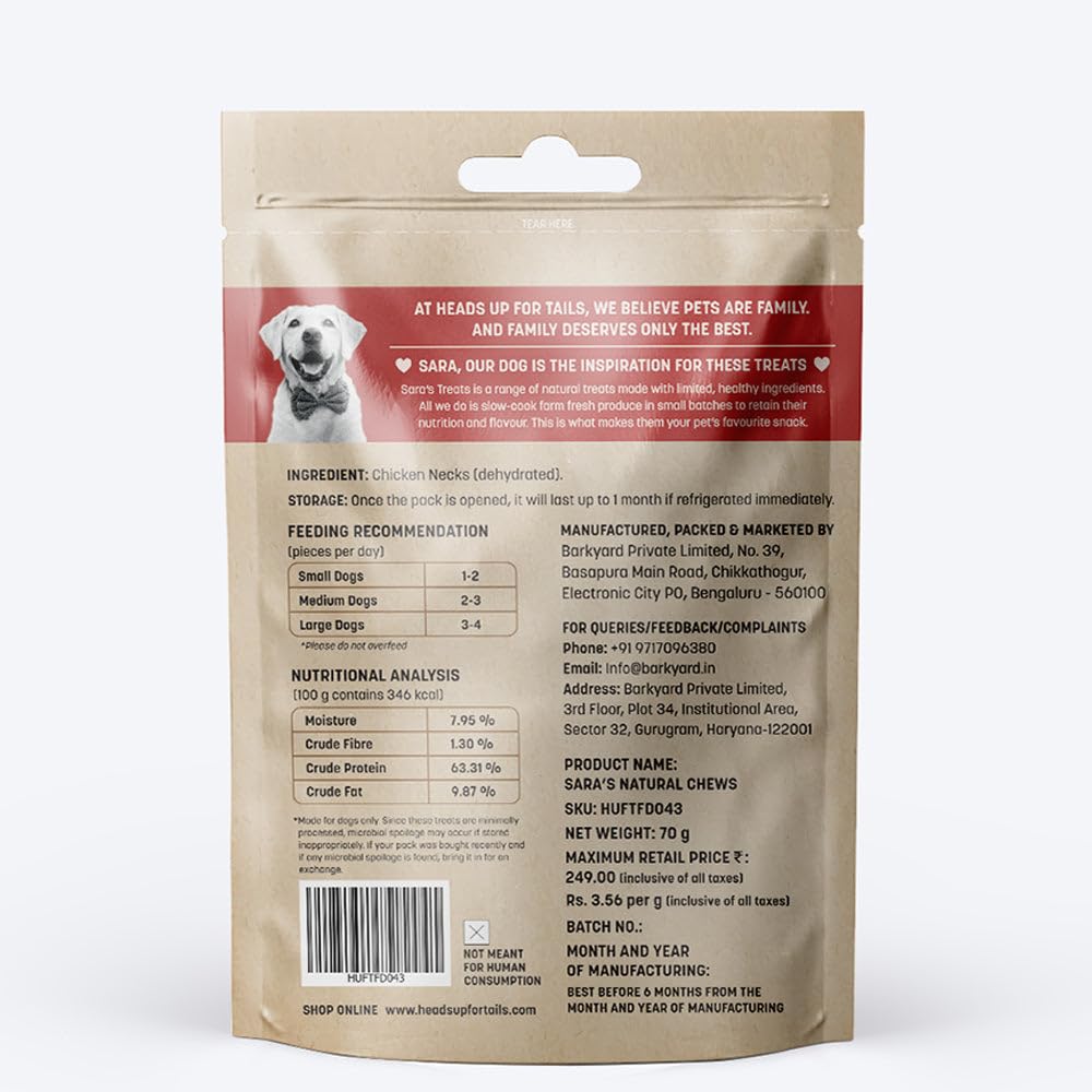 Heads Up For Tails HUFT Sara's Doggie Dehydrated Chicken Neck - 70 g |No Additives, Antibiotics Or Hormones|No Preservatives | Dog Treats for Adult, Puppy| Wafer