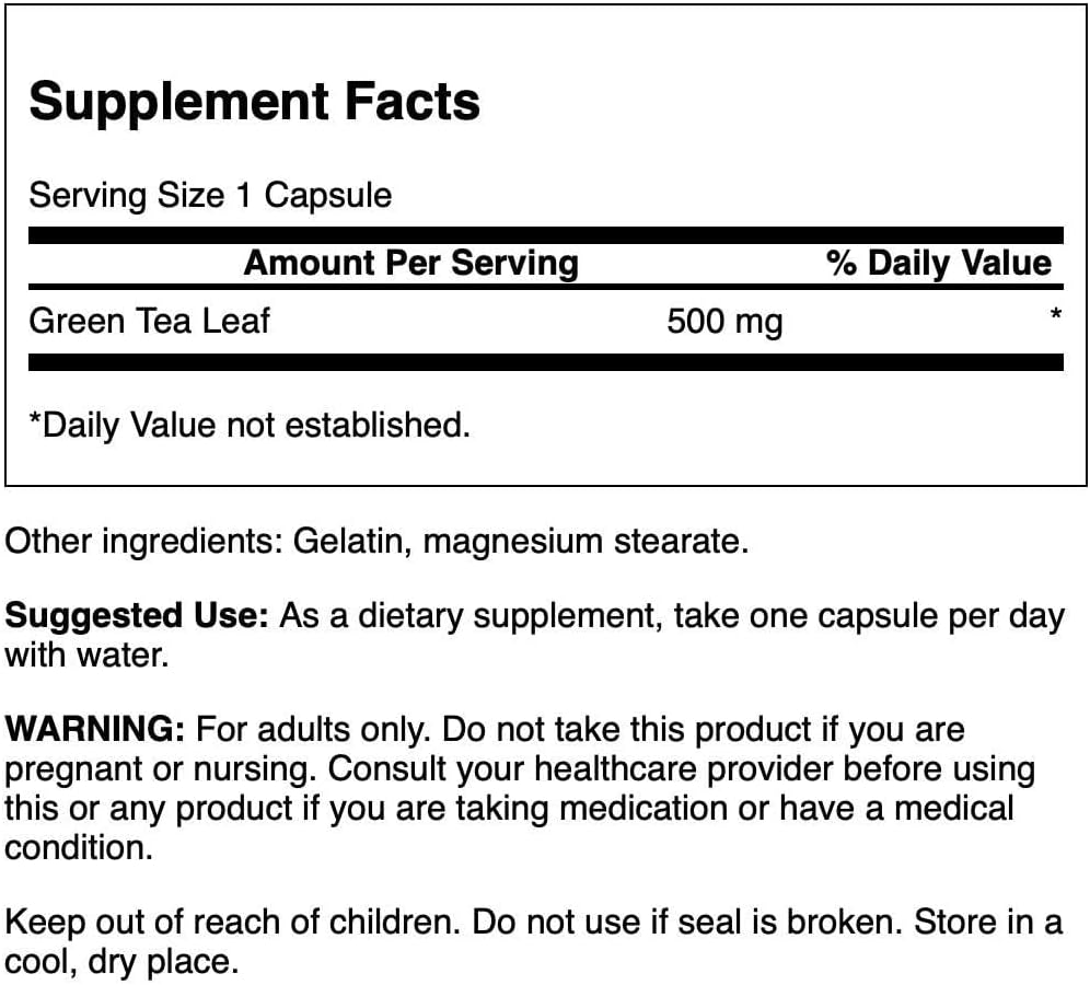 Supplement facts label for a green tea leaf supplement with serving size, amount per serving, and usage instructions.