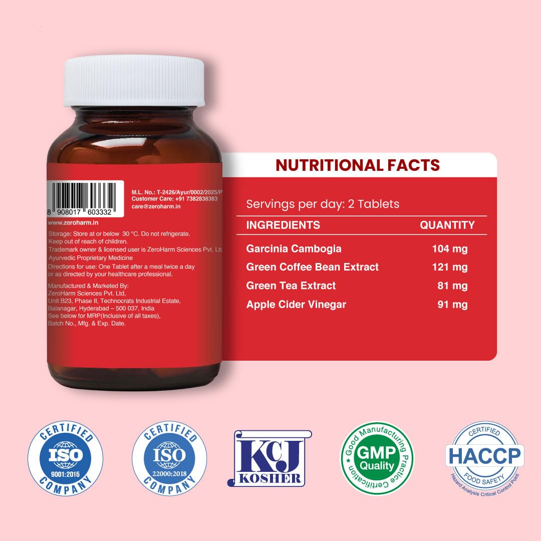 ZEROHARM Fat Burner Tablets | Garcinia Cambogia, Green Coffee, Green Tea, Apple Cider Vinegar | Boosts Metabolism & Controls Cravings | Weight Management Supplements for Men & Women | 60 Veg Tablets