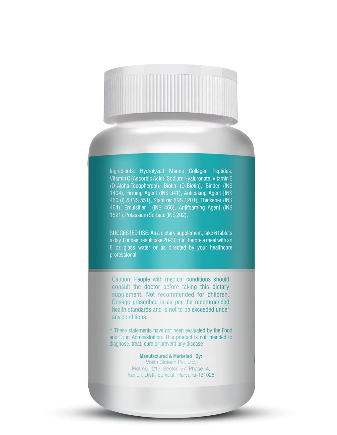 Supplement bottle with a white cap and blue label on a white background