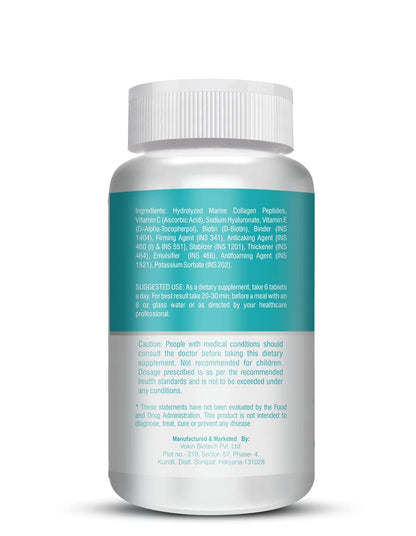 Supplement bottle with a white cap and blue label on a white background