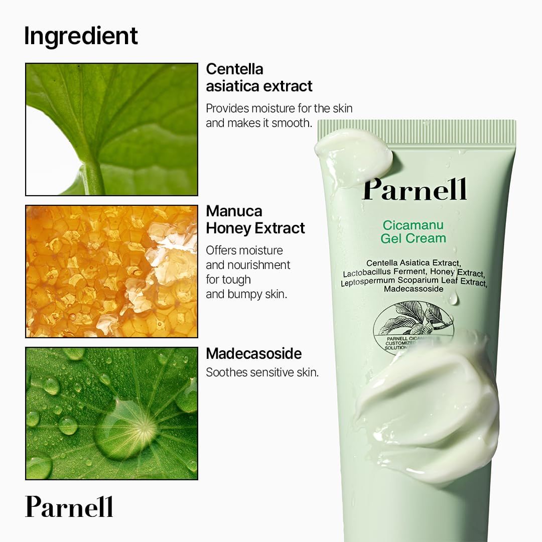Parnell Cicamanu Gel Cream (75ml) Soothing Korean Gel Moisturizer With Centella Asiatica, Ceramide & Manuka Honey For Deep Hydration, Redness Relief & Skin Barrier Repair, Lightweight Face Cream for Sensitive Skin