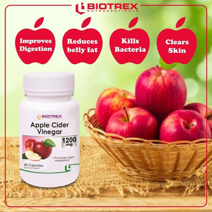 Biotrex Apple Cider Vinegar Capsules 1200mg – Organic Supplement for Weight Management, Detox & Digestive Support – Apple Cider Vinegar Capsule for Wellness – 60 Apple Vinegar Capsules