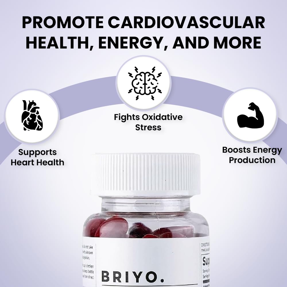 BRIYO supplement bottle with health benefits text on a light gray background