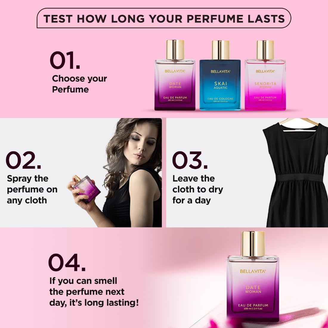 Perfume test guide with Bellavita perfume bottles and a woman holding a purple bottle.