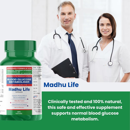 Two healthcare professionals standing next to a bottle of Madhu Life supplement with product details.