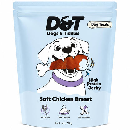 Dogs & Tiddles Chicken Breast Jerky Dog Treats for Puppies & Adult Dogs, 70g | Soft & Chewy High-Protein Dog Snacks | Grain-Free Training Treats | Supports Lean Muscle| Easily Digestible and Healthy