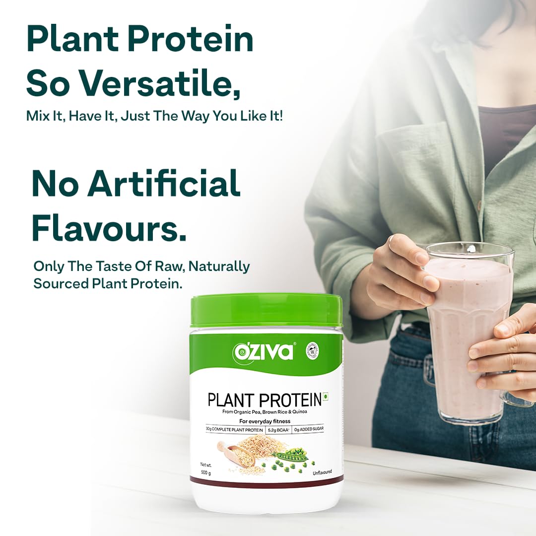 OZiva Plant Protein for Everyday Fitness | 30g Protein - Pea Isolate | Complete Plant Protein Powder | No Added Sugar, Certified Clean & Vegan (Unflavoured, 500g)