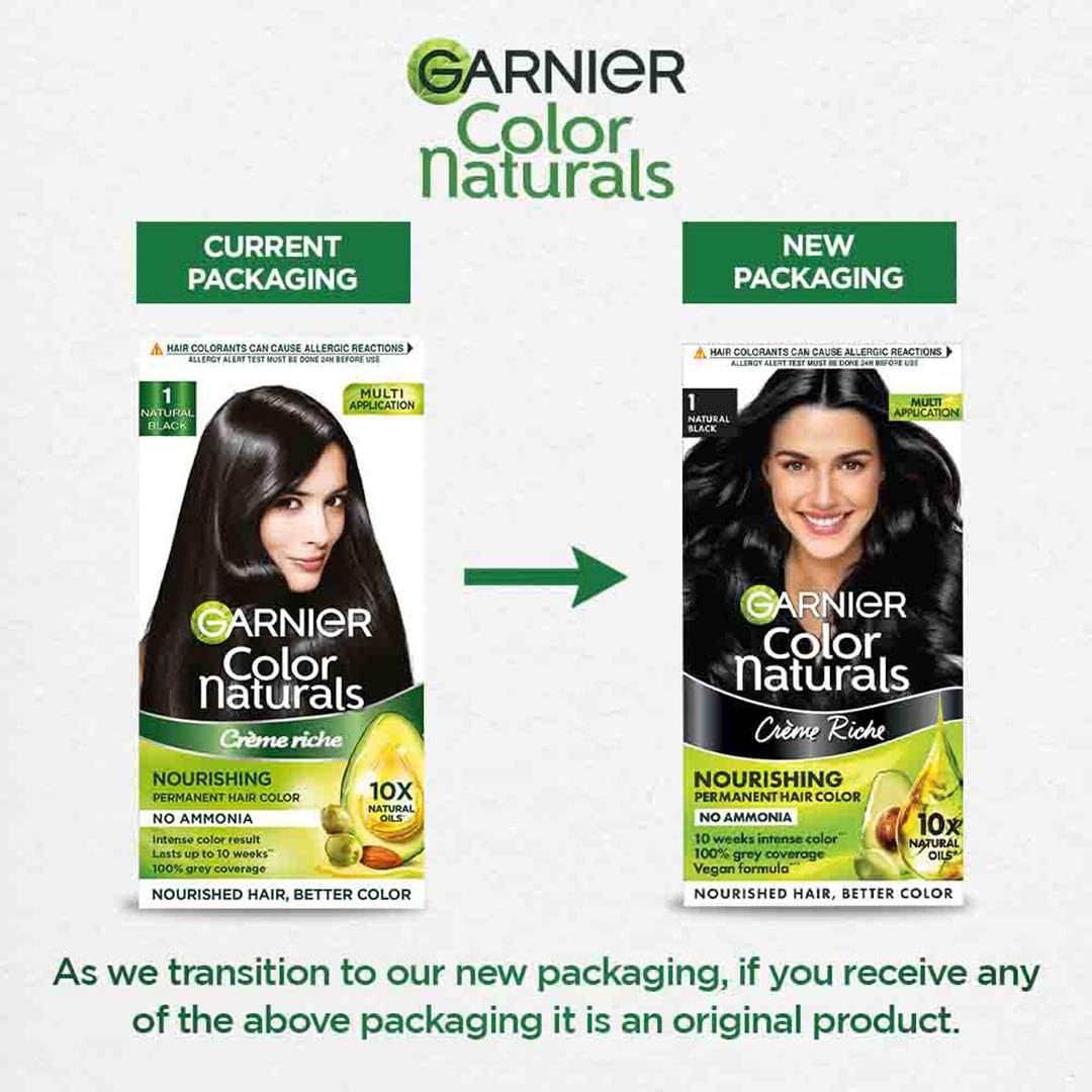 Comparison of Garnier Color Naturals hair color packaging with current and new designs.