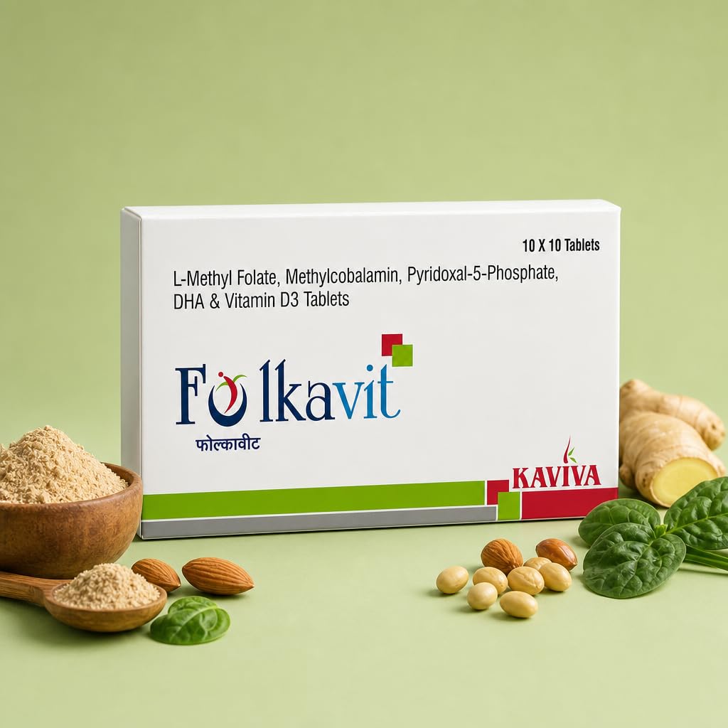 Folkavit L-Methyl Folate, Methylcobalamin, Pyridoxal-5-Phosphate, DHA & Vitamin D3 Tablets | Nutritional Supplement | 10 x 10 Tablets |
