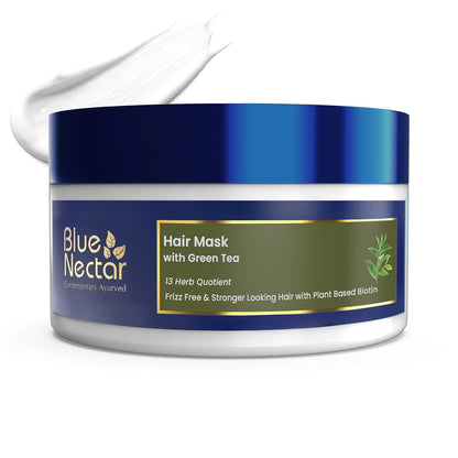 Blue Nectar Green Tea Hair Mask | Deep Conditioning Hair Mask for Frizzy & Damaged Hair | With Plant-Based Biotin for Curly & Dry Hair (13 Herbs, 200g)