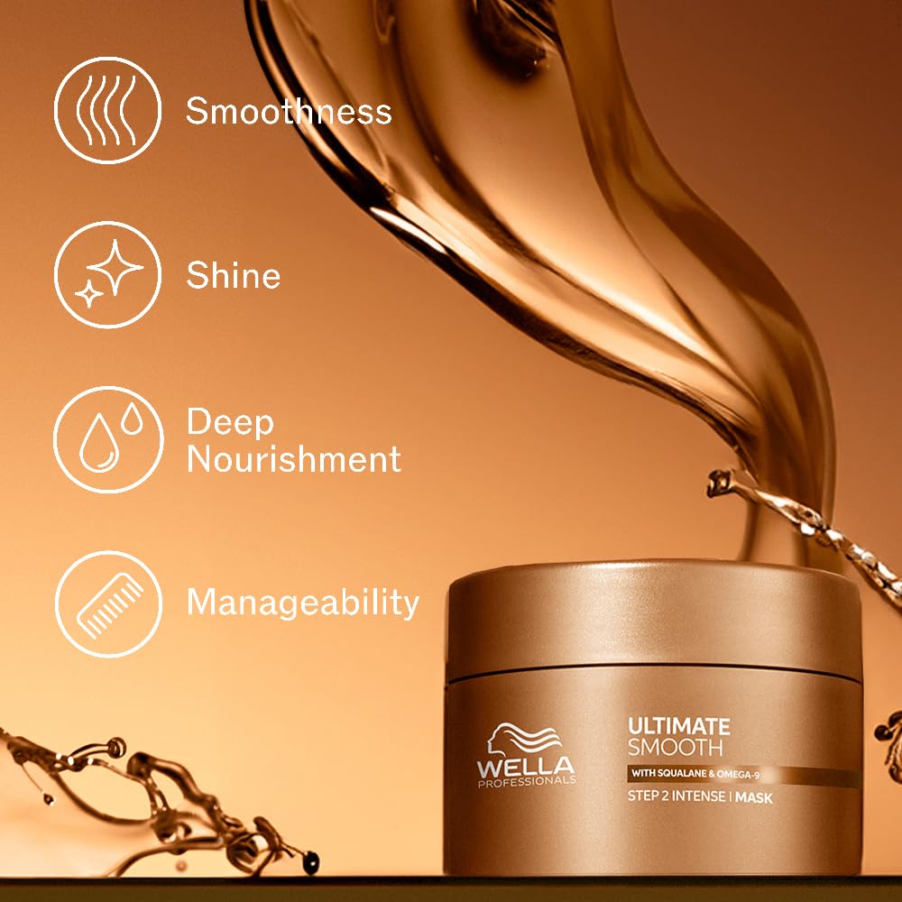 Wella hair mask jar with product benefits on an orange background