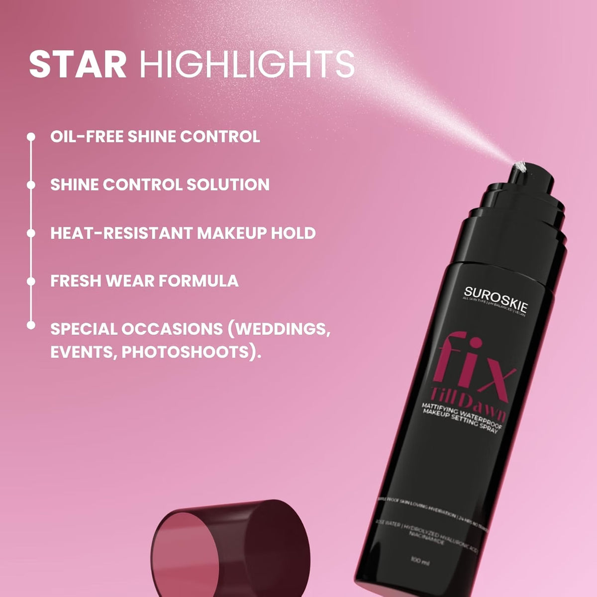 Suroskie Fix Till Dawn Makeup Fixer 100Ml | Long Lasting Makeup Setting Spray With Matte Finish | Niacinamide & Hyaluronic | Lasts Up To 15Hrs | Non Sticky, Quick Drying & Waterproof | All Skin Types