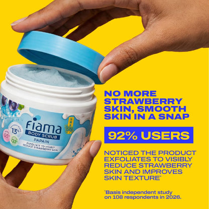 Fiama Strawberry Skin Exfoliating Body Scrub 200g, 0.5% Papain Enzyme + 0.1% Caffeine, Chemical + Physical Exfoliation, 13% Polishing Blend, Reduces Keratosis Pilaris, Refreshing Aqua Fragrance
