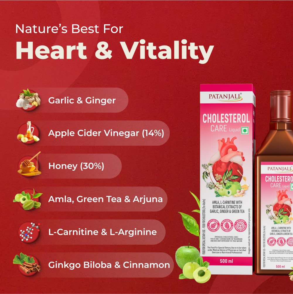 NUTRELA Patanjali Cholesterol Care Liquid | Heart Health Supplement with Amla, L-Carnitine & Garlic | Plant-Based & Vegetarian | 500 Ml