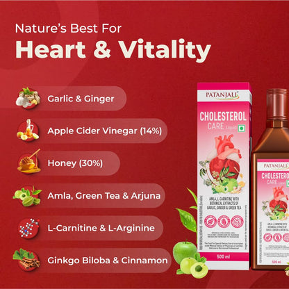 NUTRELA Patanjali Cholesterol Care Liquid | Heart Health Supplement with Amla, L-Carnitine & Garlic | Plant-Based & Vegetarian | 500 Ml