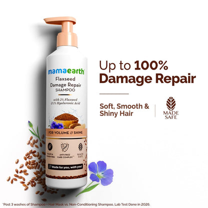Mamaearth Flaxseed Damage Repair Shampoo with 2% Flaxseed, 1% Hyaluronic Acid, Ceramides for Volume & Shine | 100% Damage Repair | Soft, Smooth & Shiny Hair | Dry & Frizzy Hair | Sulphate & Paraben Free | 250 ml