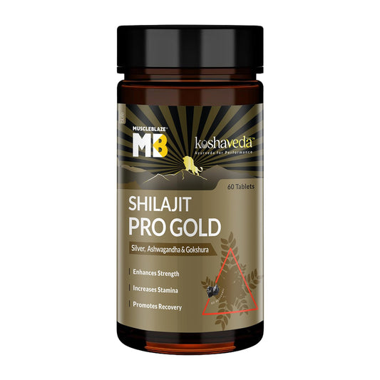 MuscleBlaze Koshaveda Shilajit Pro Gold by (60 Tablets) | Fortified with 24 Carat Gold, Shilajit, Ashwagandha & Gokshura | For Strength, Stamina & Recovery