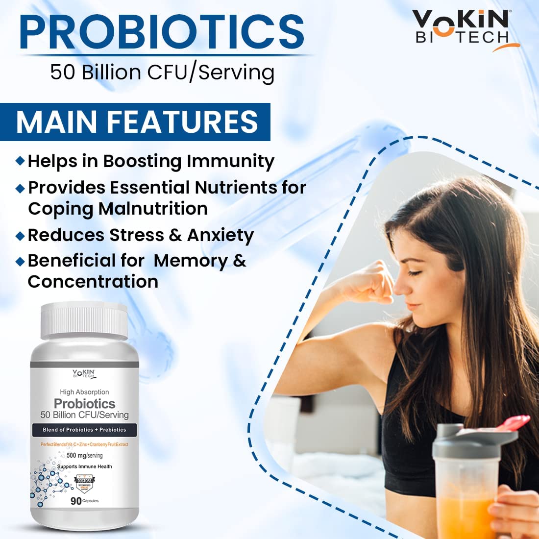 Vokin Biotech probiotics product with a woman exercising in the background
