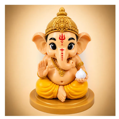 VASPAR Baby Ganesha Idol Cute Ganpati Figurine with modak Hindu God Statue for Car Dashboard, Pooja Room & Home Decor | Premium Finish Spiritual Gift Golden & White Yellow