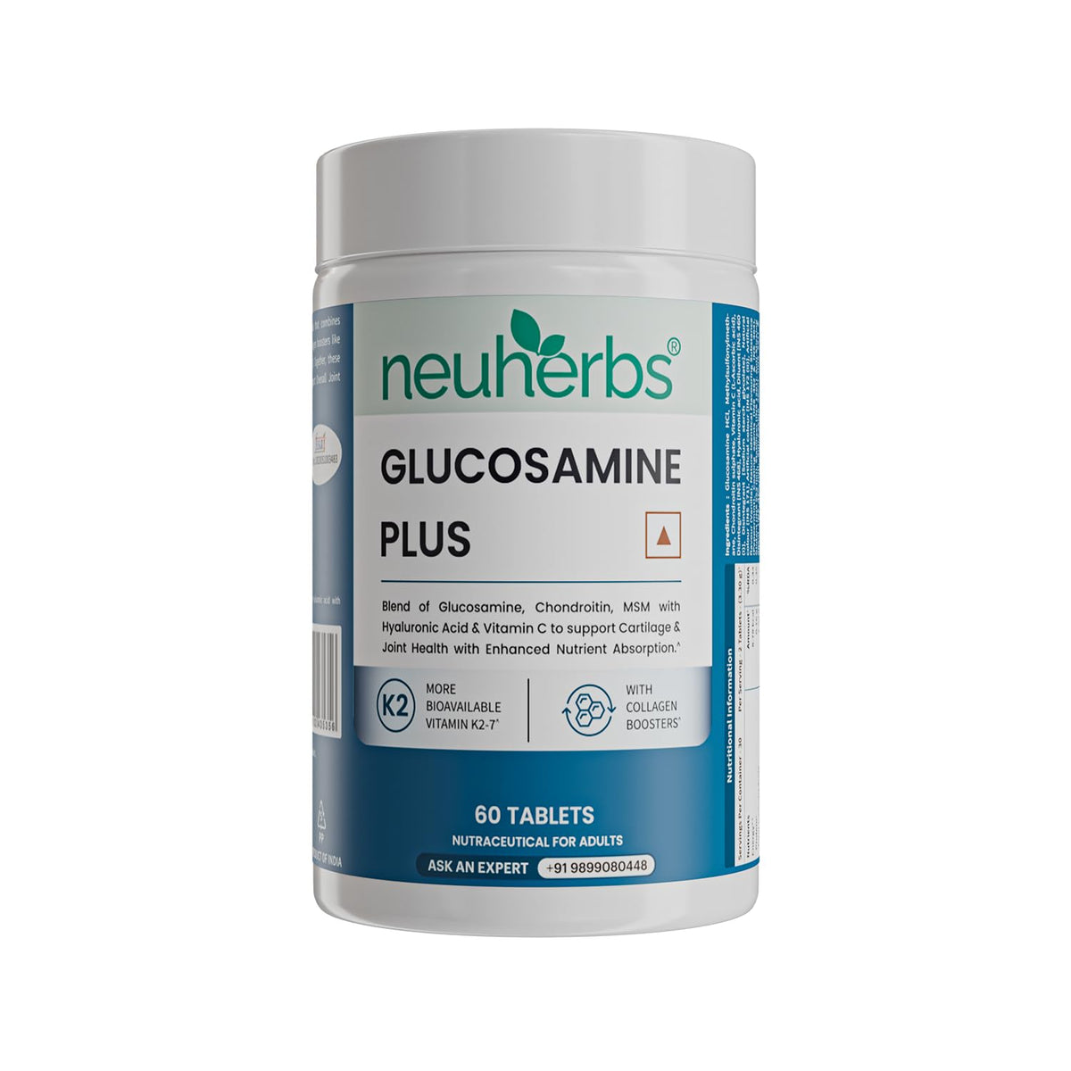 Neuherbs Glucosamine Plus 1500mg - 60 Tablets| Glucosamine Chondroitin MSM with Hyaluronic Acid, Vitamin C & K2-7 | Helps Joint Pain Relief, Cartilage Repair, Knee Support & Mobility