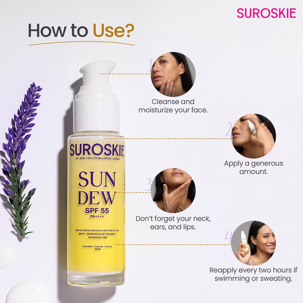 SUROSKIE Sun Dew SPF 55 sunscreen bottle with usage instructions on a white background