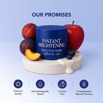 Blue jar of instant brightening face mask with fruits on a light blue background