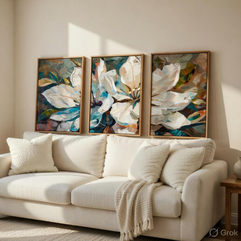Abstract Floral Wall Painting Set of 3 with Wooden Frames | Modern White Flower Artwork HD Sparkle Laminated MDF Wall Decor | Contemporary Floral Wall Art for Living Room Bedroom