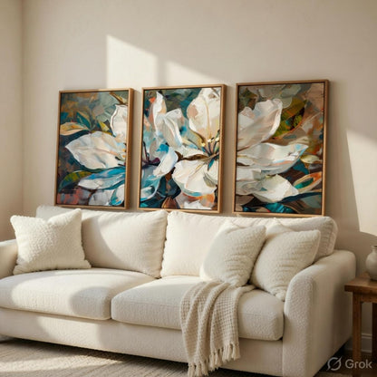 Abstract Floral Wall Painting Set of 3 with Wooden Frames | Modern White Flower Artwork HD Sparkle Laminated MDF Wall Decor | Contemporary Floral Wall Art for Living Room Bedroom