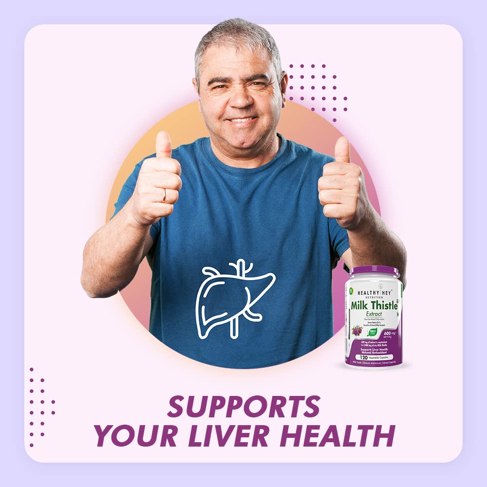 Man giving thumbs up with a liver icon, holding a supplement bottle, on a light purple background.