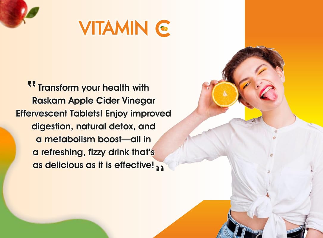 Person holding an effervescent tablet with promotional text about Raskam Apple Cider Vinegar, featuring Vitamin E branding.