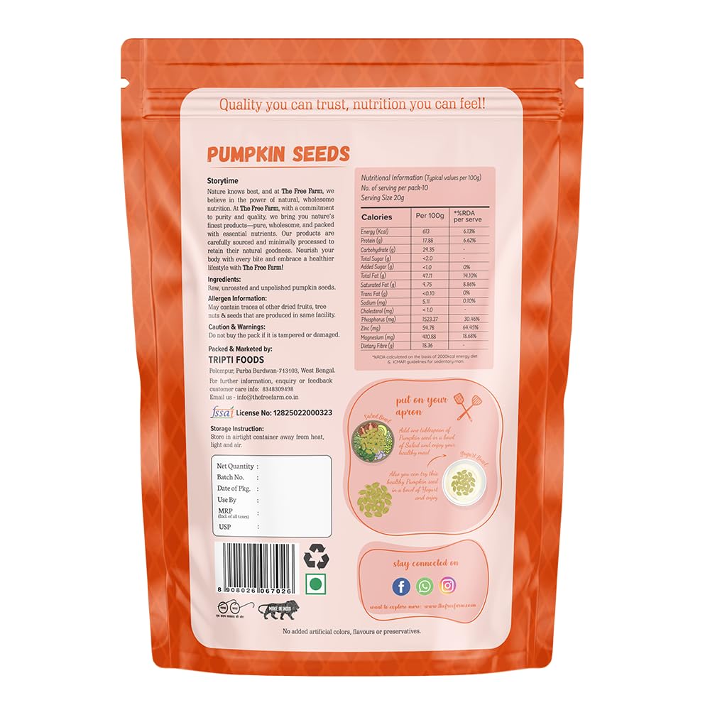 The Free Farm Premium Raw Pumpkin Seeds | 200 G | Source of Zinc | Rich in Magnesium I Hygienically Packed