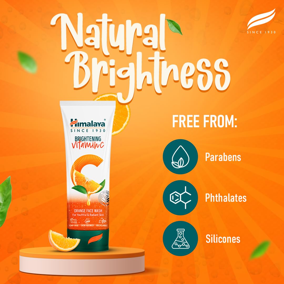 Himalaya Brightening Vitamin C Face Wash on an orange background with product features listed.