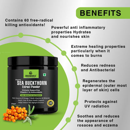 GREENDORSE Himalayan Sea Buckthorn (Omega-7) Extract Powder, SUPERFRUIT with 190+ Active Nutrients, Omega, Antioxidants Protection, Supports Brain, Liver & Heart Functioning- 50g