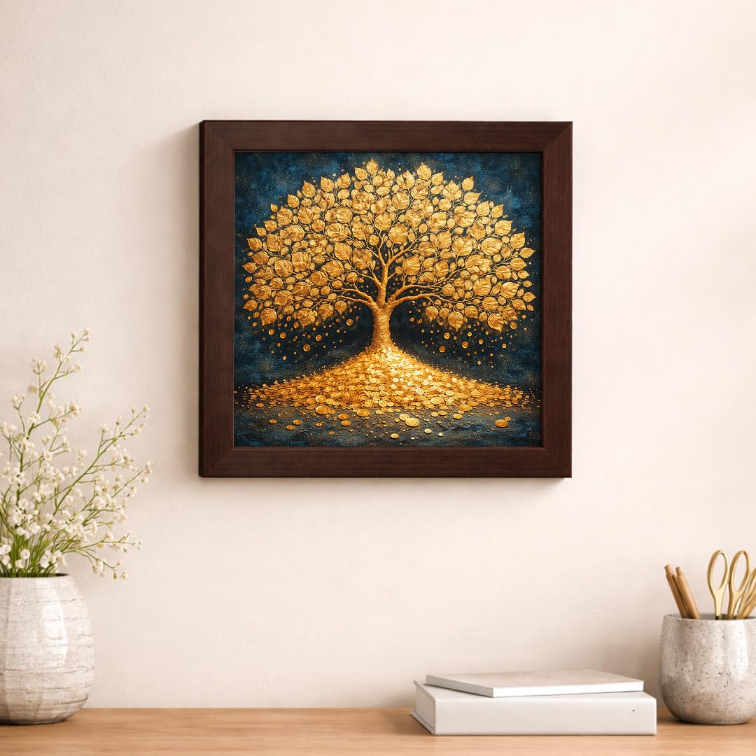 Golden Tree Kalpvriksh Gold Coin Vastu Money Magnet Prosperity Spiritual Wealth White Framed Poster Artwork Decor Painting